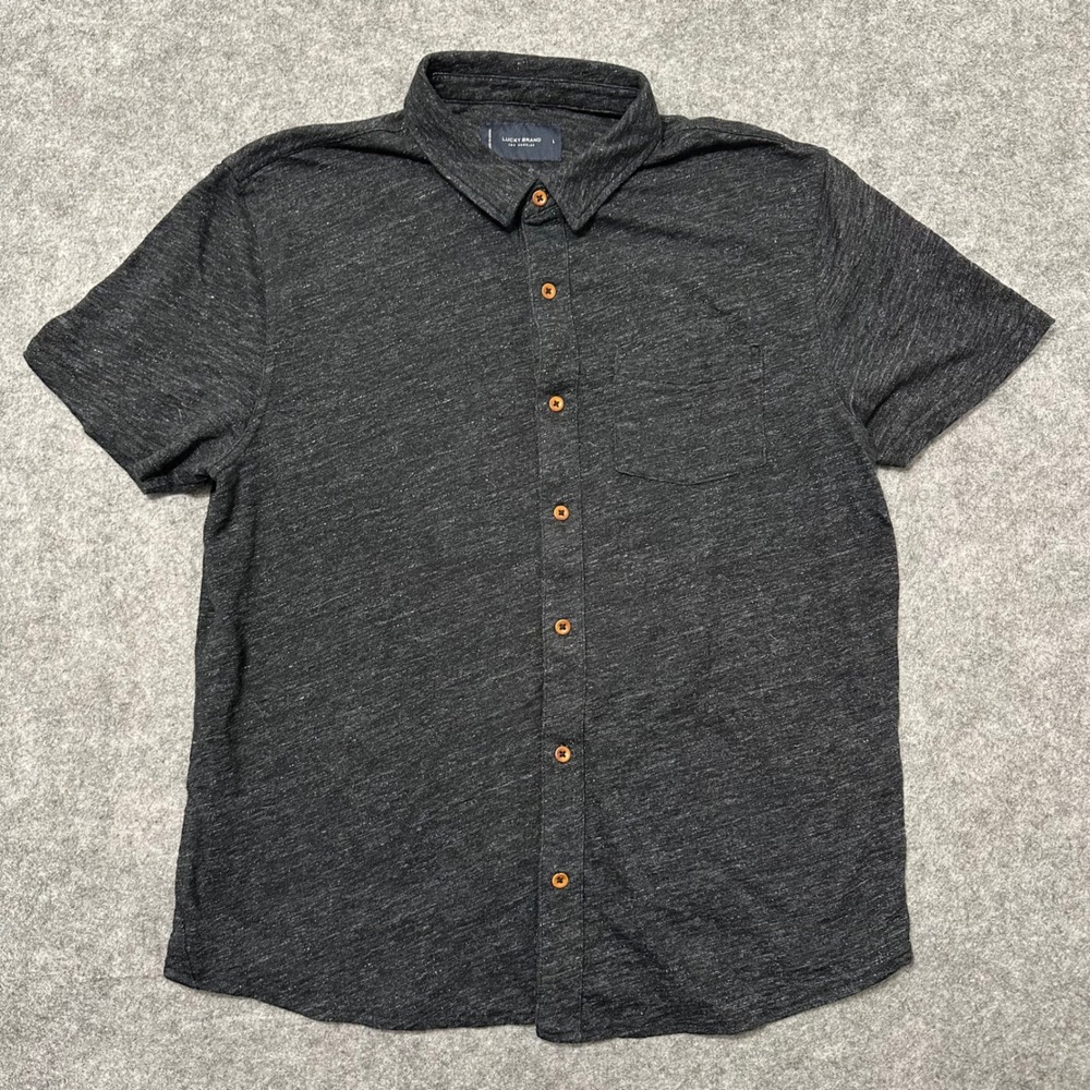 Lucky Brand Button Down Shirt Mens L Black Slub Knit Cotton Linen Casual Pocket
